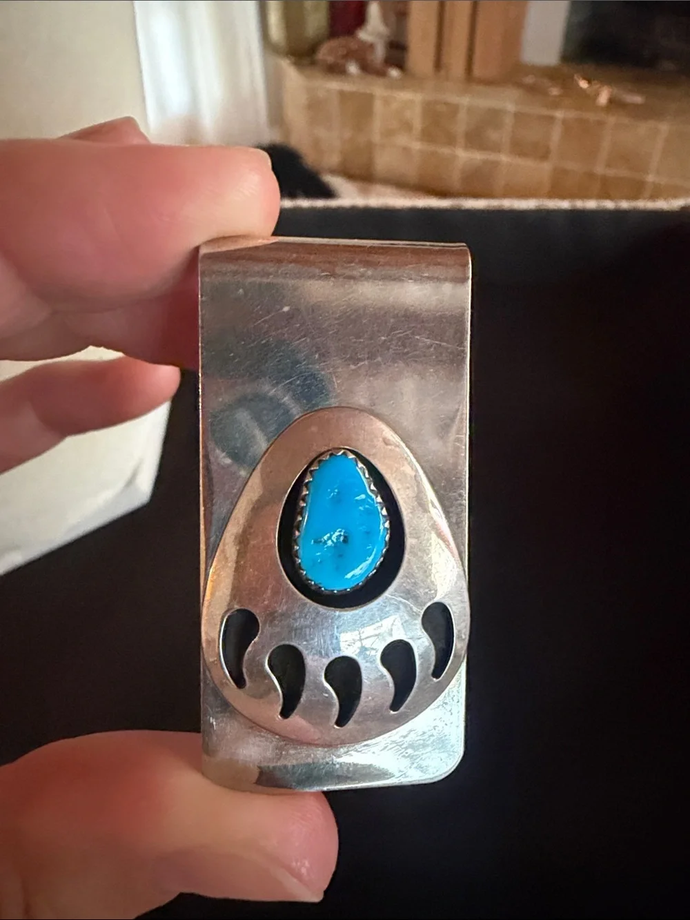 Silver turquoise bear claw money clip Navajo Native American